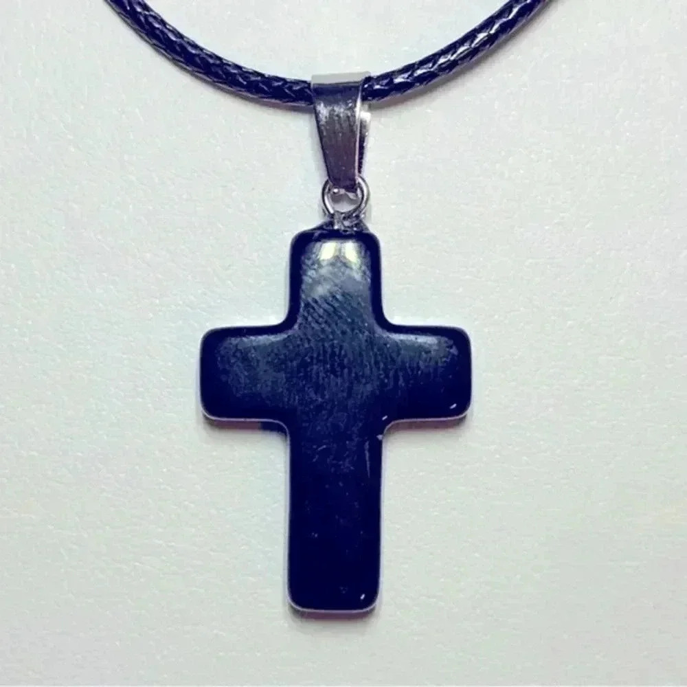 Black Onyx Cross Natural Braided Stainless Steel Necklace NWT